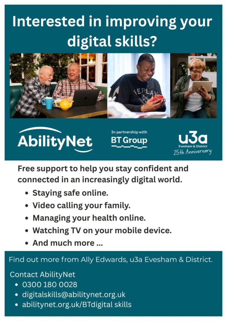 AbilityNet leaflet for Evesham u3a advertising the tech support available from 03001800028